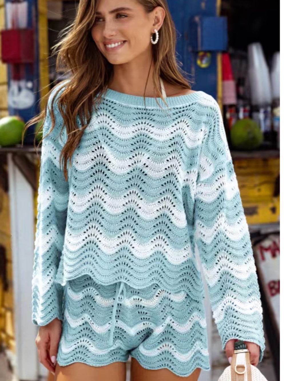 Light Blue and White Wave-Knit Set